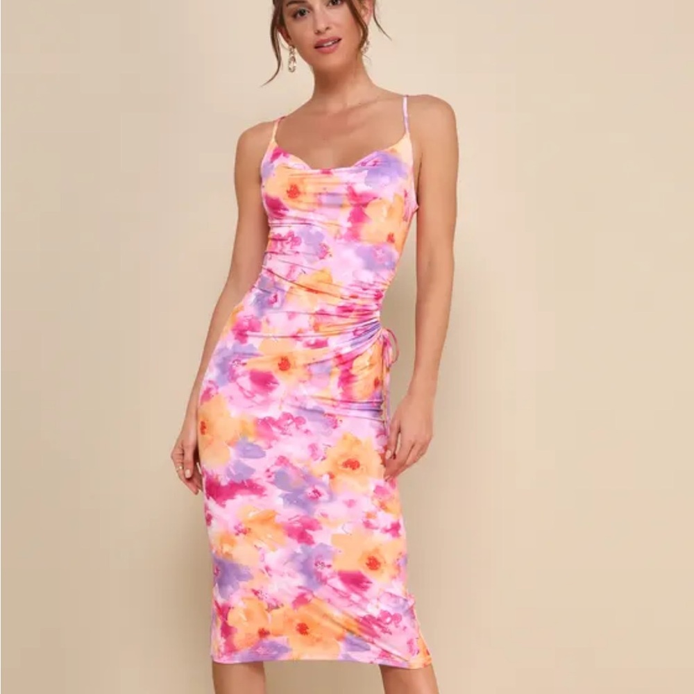 Lulu's Vibrant Babe Pink Multi Floral Cutout Drawstring Midi Dress